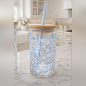Blue Floral Glass Tumbler Bamboo Lid Reusable Straw Aesthetic Cup
